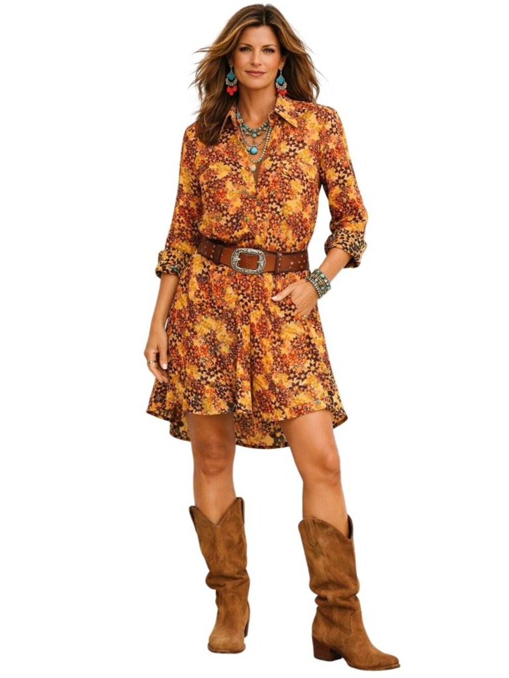 Uncle Frank Womens L Boho Western Southwest Long Sleeve Floral Tunic Dress